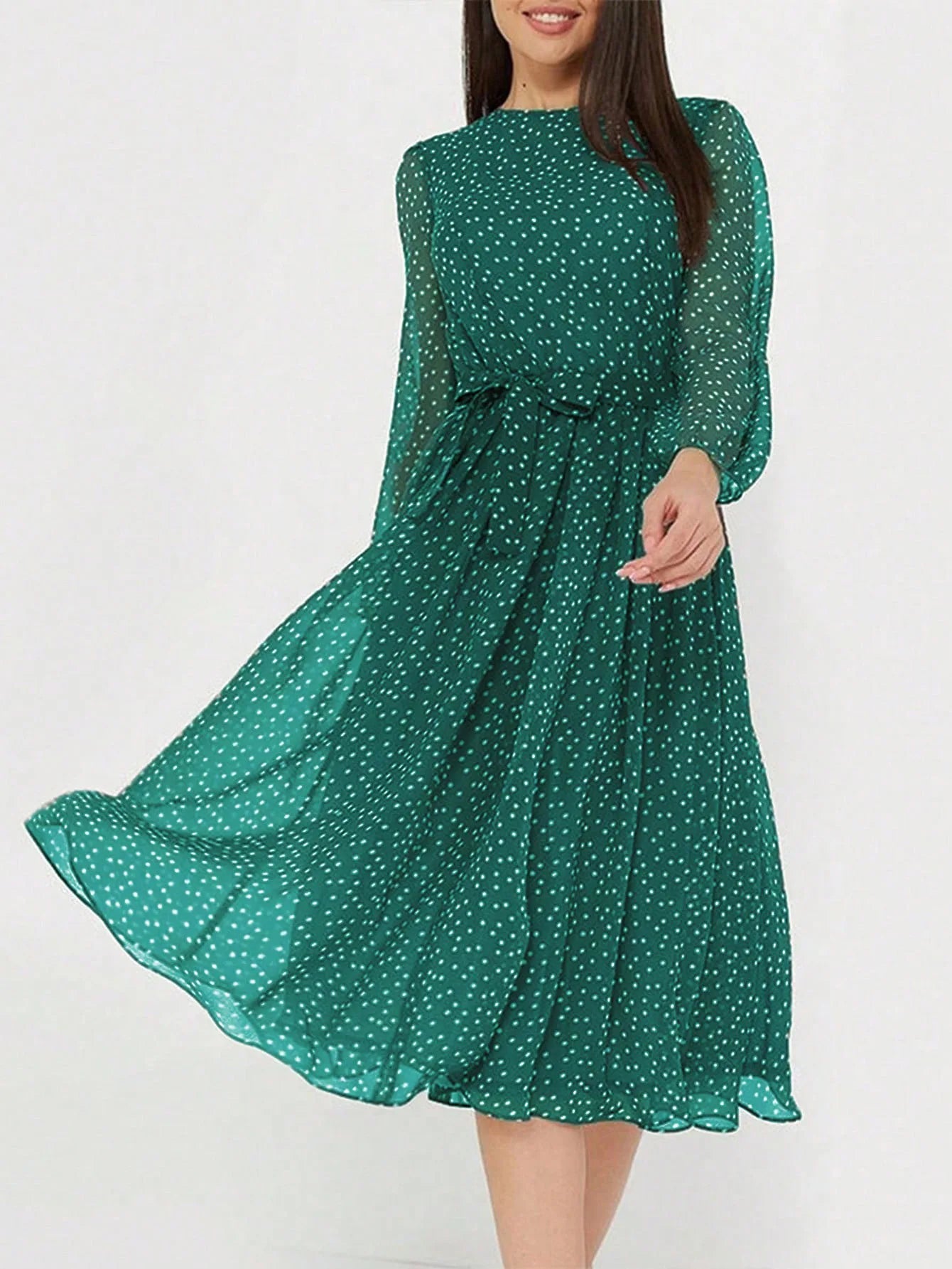 Print Dot Dress Women Casual Long Sleeve Round Neck Midi Dresses Lace Up Vocation Elegant Vestidos Summer 2025 Y2k Streetwear