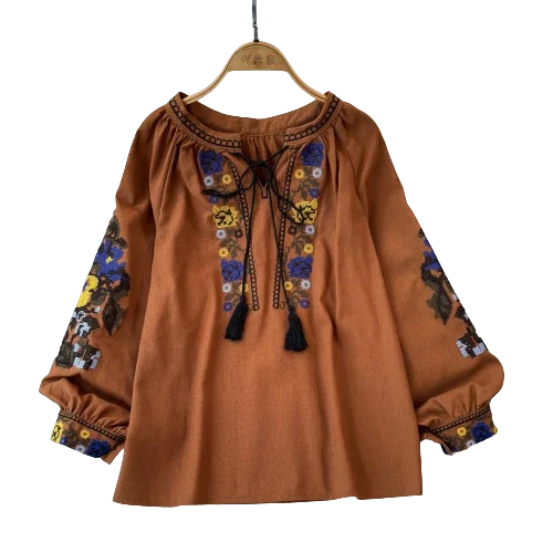 2026 Spring Retro Embroidered Shirt Top Female Lace Up Tassel Loose Lantern Sleeves Ethnic Style Blouse Female A70