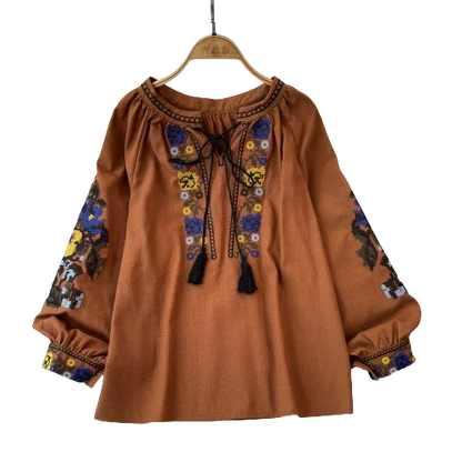 2026 Spring Retro Embroidered Shirt Top Female Lace Up Tassel Loose Lantern Sleeves Ethnic Style Blouse Female A70