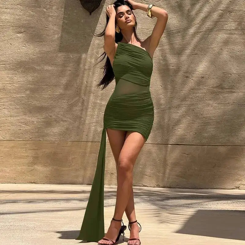 Avrilyaan Mesh Patchwork Backless Sexy Dress Women 2025 Nightclub Party Dress One-Shoulder Ruched Bodycon Mini Summer Dress