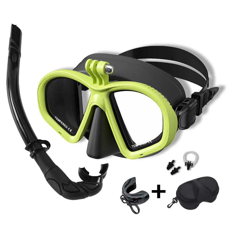 Professional Wet Low Volume Freediving Mask, Tempered Glass dive Mask, J-Type Diving Mask, Snorkel Set, With Go-Pro Camera Mount