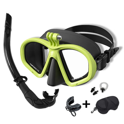 Professional Wet Low Volume Freediving Mask, Tempered Glass dive Mask, J-Type Diving Mask, Snorkel Set, With Go-Pro Camera Mount