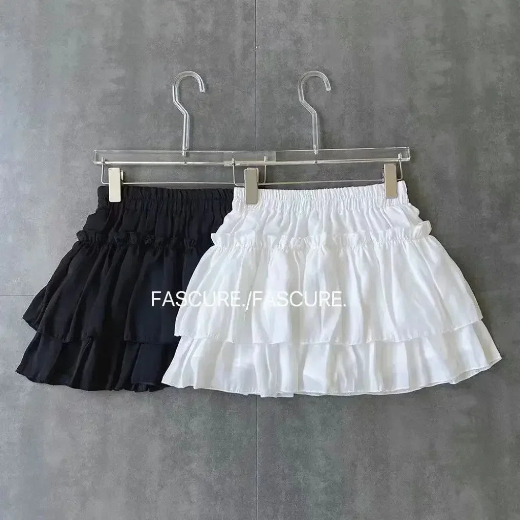 Summer Kawaii Pleated A-Line Skirt for Women White Ruffle Tiered Sweet Style Elastic Waist Summer Slim Korean Harajuku Dress
