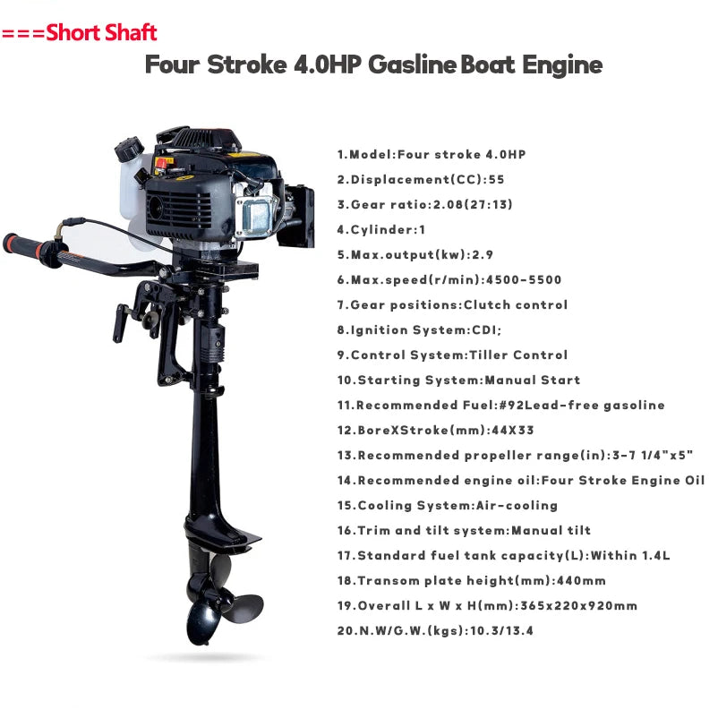 Four-stroke 4hp Marine Outboards Air-cooled Outboard Propeller Boat Engine Hookup Rubber Boat Inflatable Boat Outboard Motor