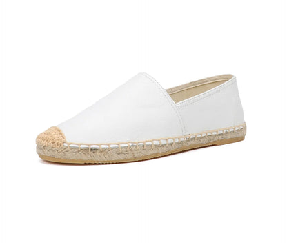 Casual Espadrilles Flat Cow Leather Shoe for Women Slip-on Rubber Ballet Flats
