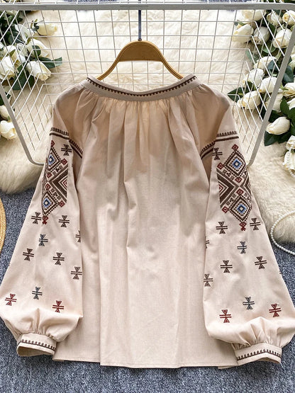 Women Autumn Blouse Loose Artistic Retro Heavy Industry Embroidery Bow O-Neck Lantern Sleeve Shirt Casual Versatile Top BL270