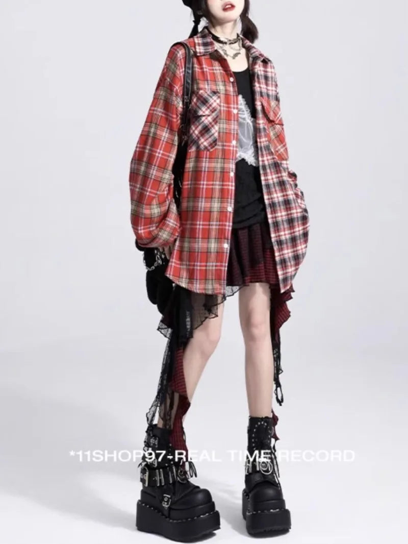 Y2K Skirts for Women Japanese Sweet Harajuku Mujer Faldas Punk Irregular Aesthetic Skirt Gauze Patch Plaid Vintage Faldas