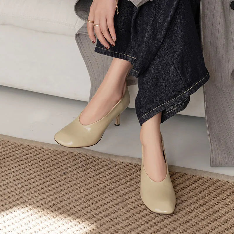 Woman Shoes Sexy Heeled For Retro Pumps French Style Leather Pumps Slip On European Spring High Heels Handmade Vintag Dress Pump