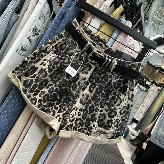 Vintage Broken Holes American-style Denim Shorts Women Casual High Waist Sexy leopard print Female Summer Baggy wide-legged hot