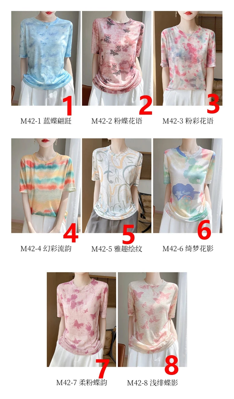 Spring And Summer New Lyocell Short Sleeve Sweater Loose Thin Half Sleeve T-shirt Printed Top