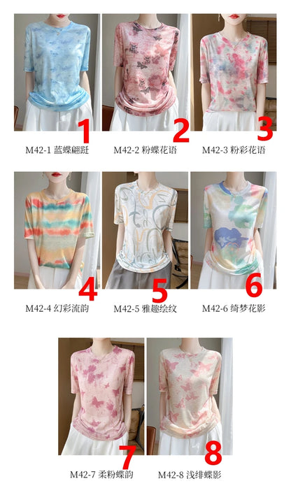 Spring And Summer New Lyocell Short Sleeve Sweater Loose Thin Half Sleeve T-shirt Printed Top