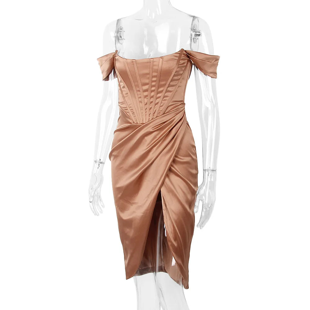 Cryptographic Draped Satin Corset Dresses Bodycon Party Night Club Off Shoulder Gown Elegant Backless Sexy Dress Birthday