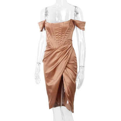 Cryptographic Draped Satin Corset Dresses Bodycon Party Night Club Off Shoulder Gown Elegant Backless Sexy Dress Birthday