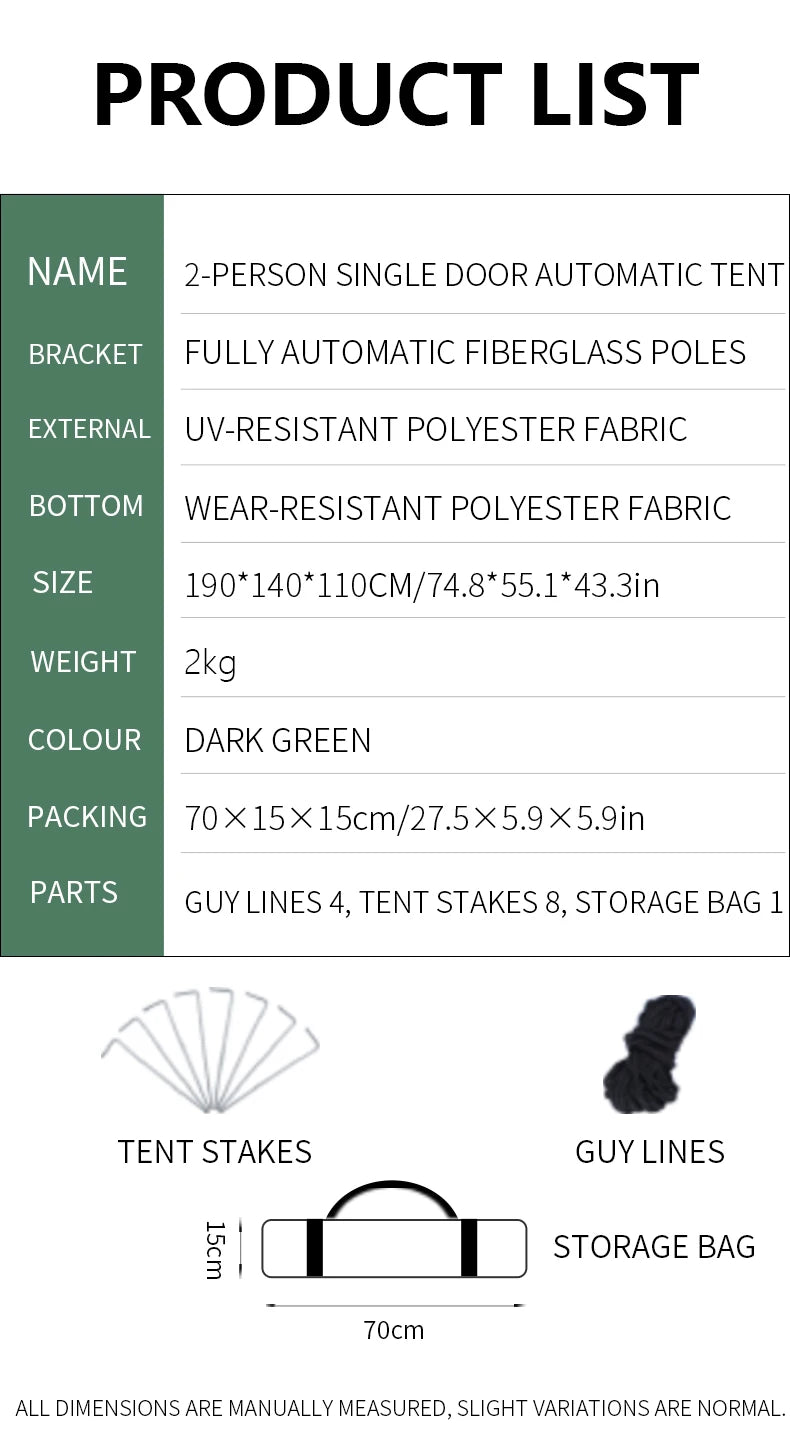 1 Outdoor Camping Tent for Overnight Stay, Fully Automatic, Quick Setup, No Assembly, Foldable, Double Layer