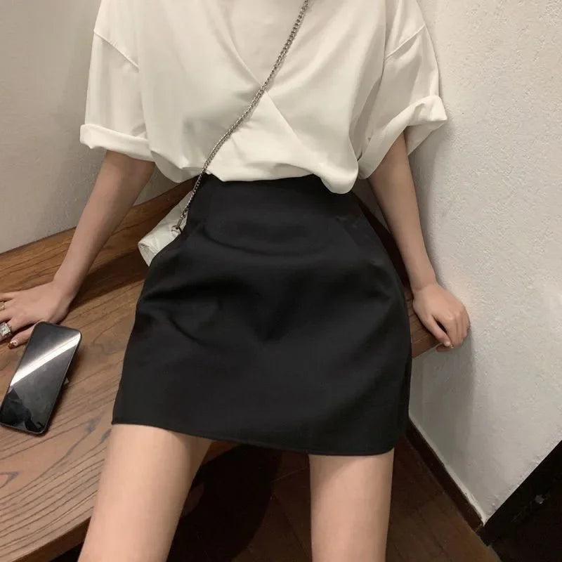 Lucyever Black White High Wiast Puffy Short Skirts Women All-Match Y2K Pocket A-Line Skirt Female Korean Work Style Suit Skirt