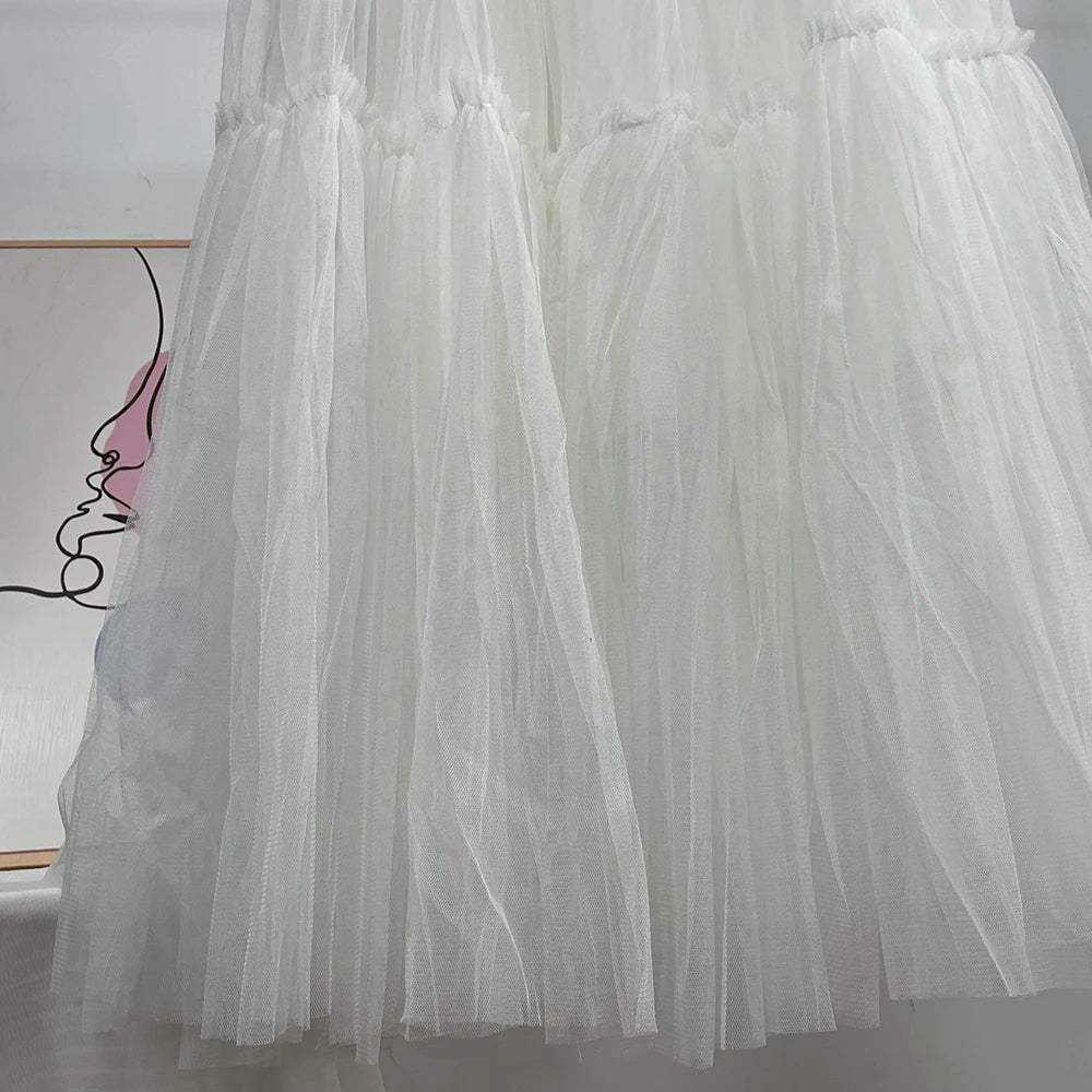 Hirsionsan Pleated Cake Skirts Women 2024 New Korean Harajuku Sweet Lace Skirt Ladies Elegant Party Ball Gown Female Mesh Skirt