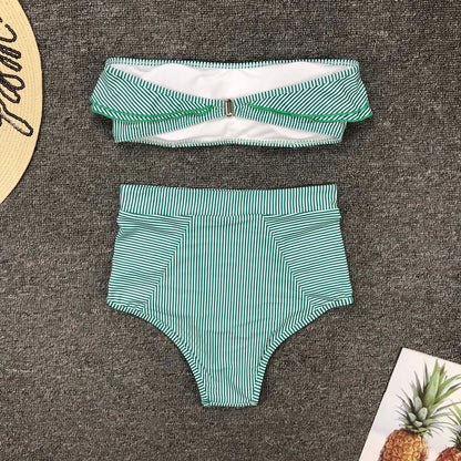 Cikini-Women's Split Swimming Suit, Irregular Striped, Lotus Leaf Edge, High Waist Bikini, Swimming Suit
