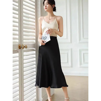 Fashion Oversized Women Clothing Satin Skirts Summer Temperament Solid Color High Waist A-line Skirt Female Simplicity Skirt