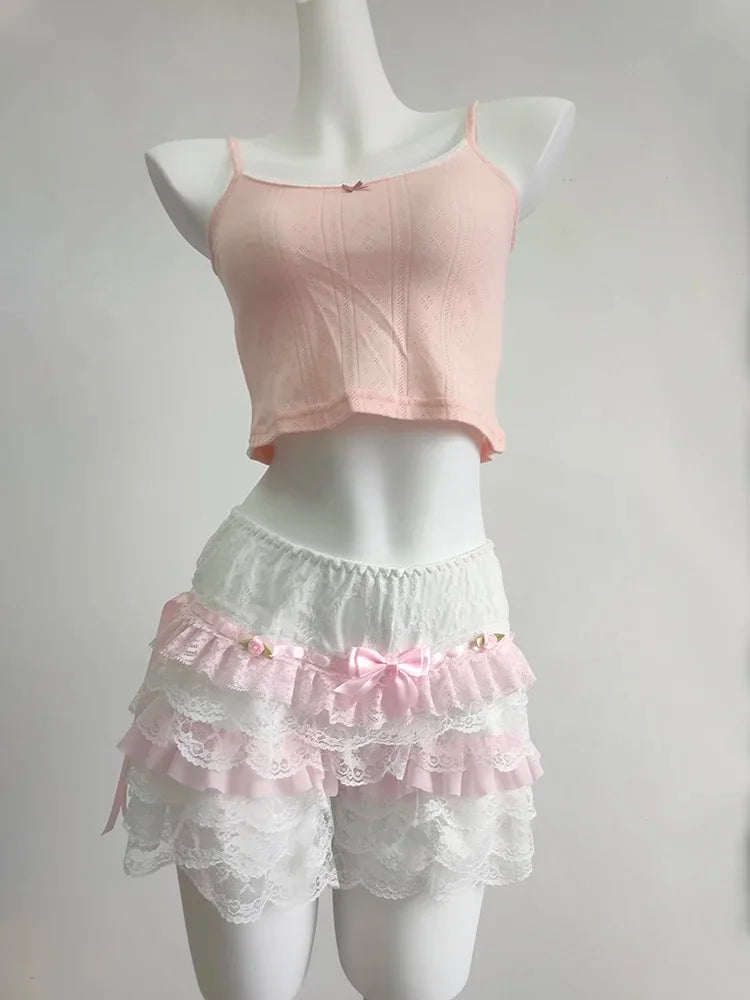 Cute Shorts Women Summer Bow Decoration Pink Lace Patchwork Elastic Waist Lolita Multilayer Bottoming Shorts for Sweet Girls