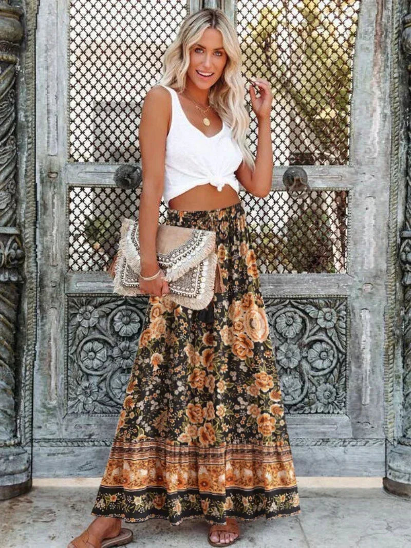 Vintage Summer Fashion Women Floral Print Beach Bohemian Pleated Skirt Beachwear Lady High Waist A-Line Rayon Boho Maxi Skirts