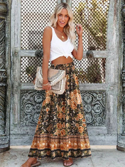Vintage Summer Fashion Women Floral Print Beach Bohemian Pleated Skirt Beachwear Lady High Waist A-Line Rayon Boho Maxi Skirts
