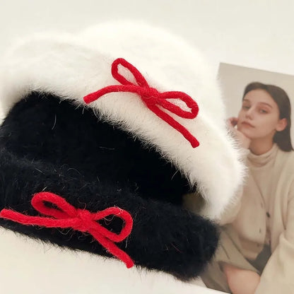 Top Hat Vintage Looking Black Bowler Hats Beret Japanese Style Woolen Bucket Cap Bow Versatile White Dome Hat Winter