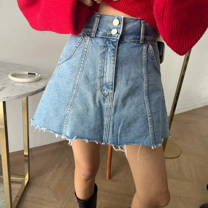 Chic High Waist A-Line  Skirt Women's Jeans ort Skirt Spring Vintage Slimming Splicing Hemming Girl's Faion Commute