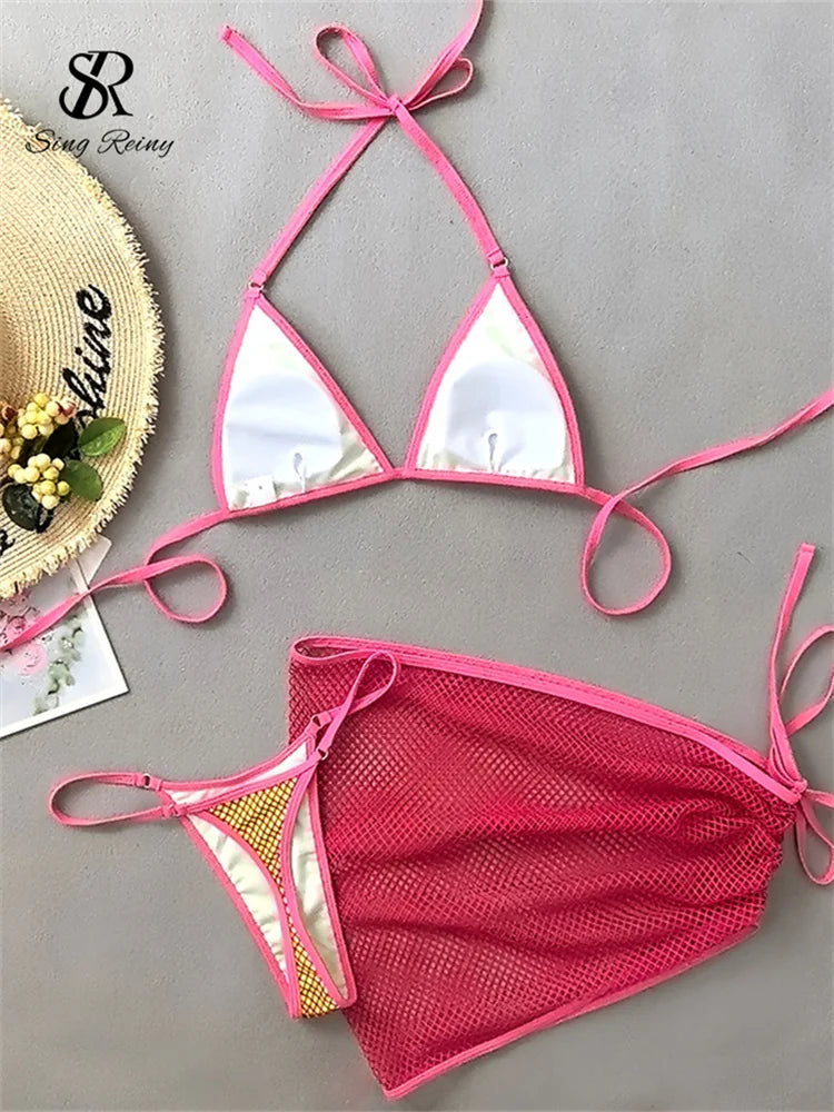 SINGREINY Mesh Sheath Sexy Bikini Sets Female Mini Camis Briefs+Short Skirt Set Fashion Drawstring Sensual Beach 3 Pieces Suits