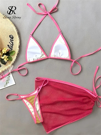 SINGREINY Mesh Sheath Sexy Bikini Sets Female Mini Camis Briefs+Short Skirt Set Fashion Drawstring Sensual Beach 3 Pieces Suits