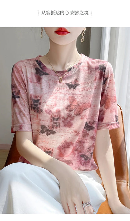Spring And Summer New Lyocell Short Sleeve Sweater Loose Thin Half Sleeve T-shirt Printed Top