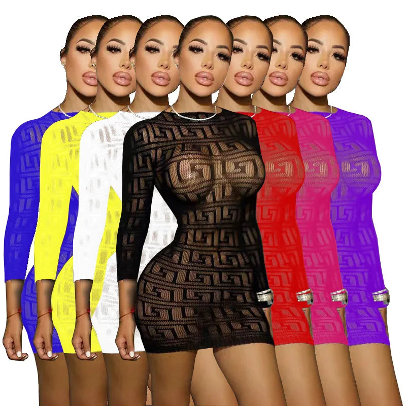 OSEN-Mesh Mini Dress for Women Long Sleeve Sexy Perspective Bag Buttock Highly elastic see-through all-in-one clothing Clubwear