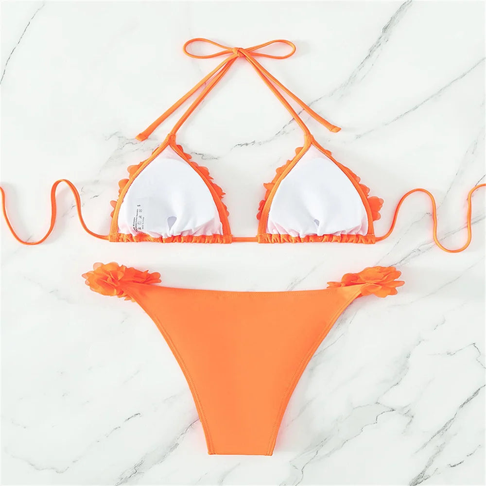 3D Flowers Bikini Top Set Halter String Extreme Backless Y2K Swimsuit Push Up Vacation Outfits Women Swimwear Beach Bathing Suit