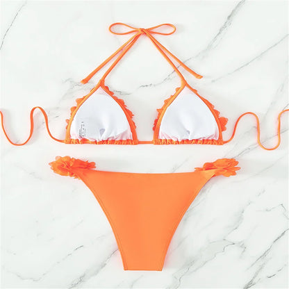 3D Flowers Bikini Top Set Halter String Extreme Backless Y2K Swimsuit Push Up Vacation Outfits Women Swimwear Beach Bathing Suit