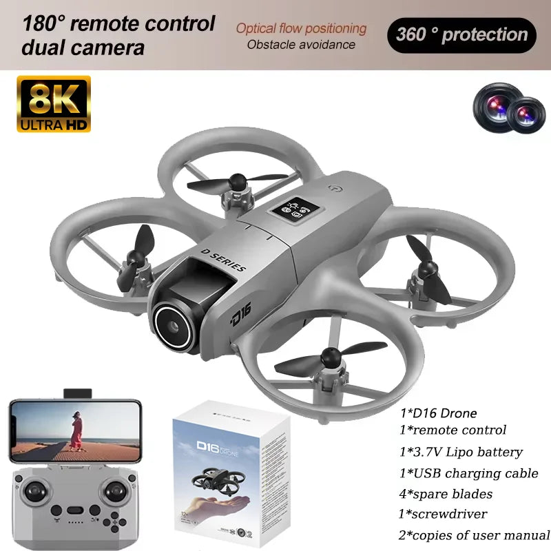 D16 RC Drone 8K Aerial HD Profesional Dual-camera FPV Helicopter Optical Flow GPS Positioning Avoidance Bushless Motor Drone UAV