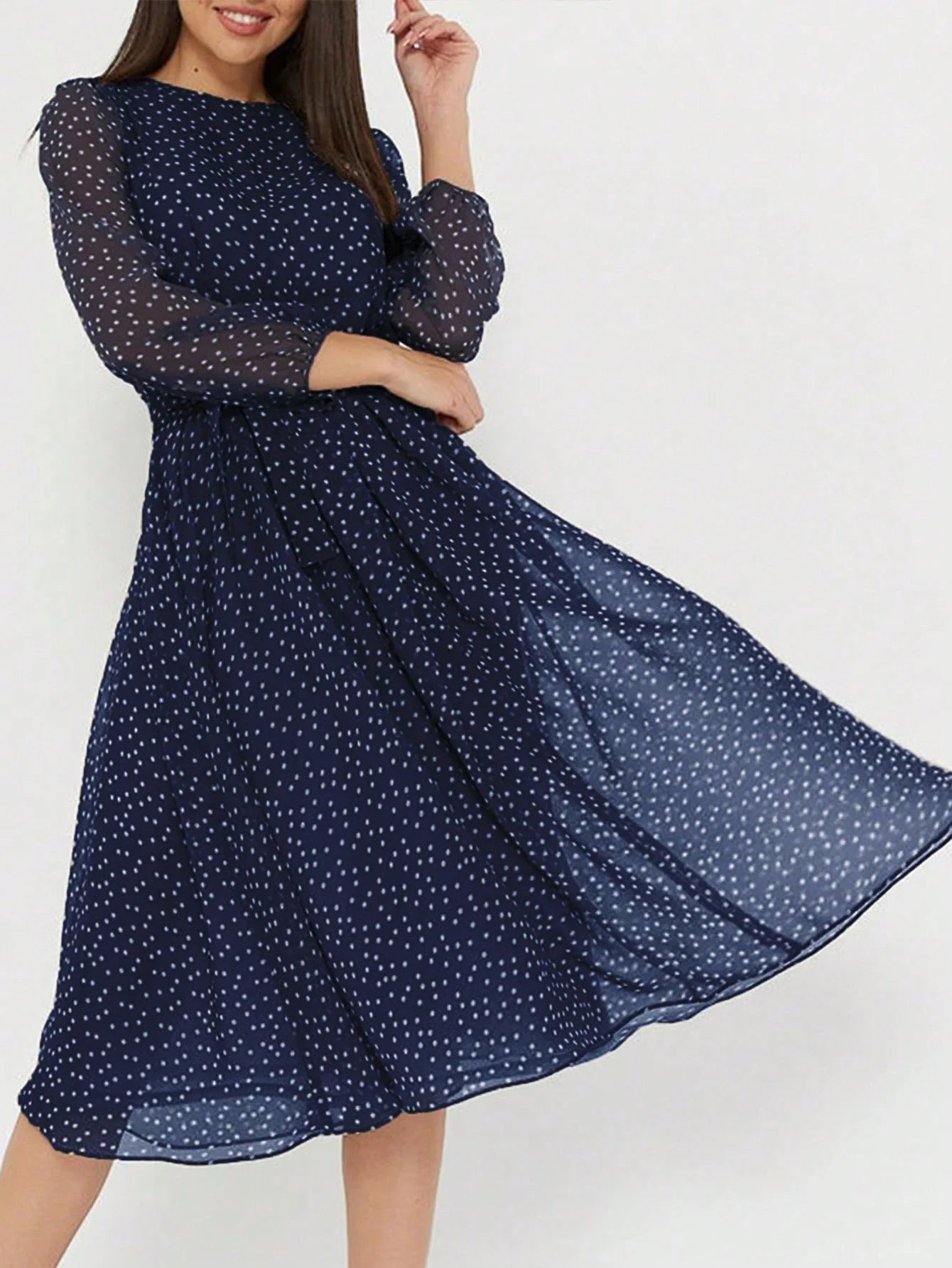 Print Dot Dress Women Casual Long Sleeve Round Neck Midi Dresses Lace Up Vocation Elegant Vestidos Summer 2025 Y2k Streetwear