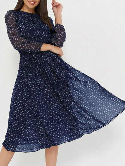Print Dot Dress Women Casual Long Sleeve Round Neck Midi Dresses Lace Up Vocation Elegant Vestidos Summer 2025 Y2k Streetwear