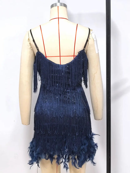Summer Fashion Elegant Tassel Sequin Dress Women's Sexy Slim Sleeveless V-neck High Waist Suspender Feather Stitching Dresses