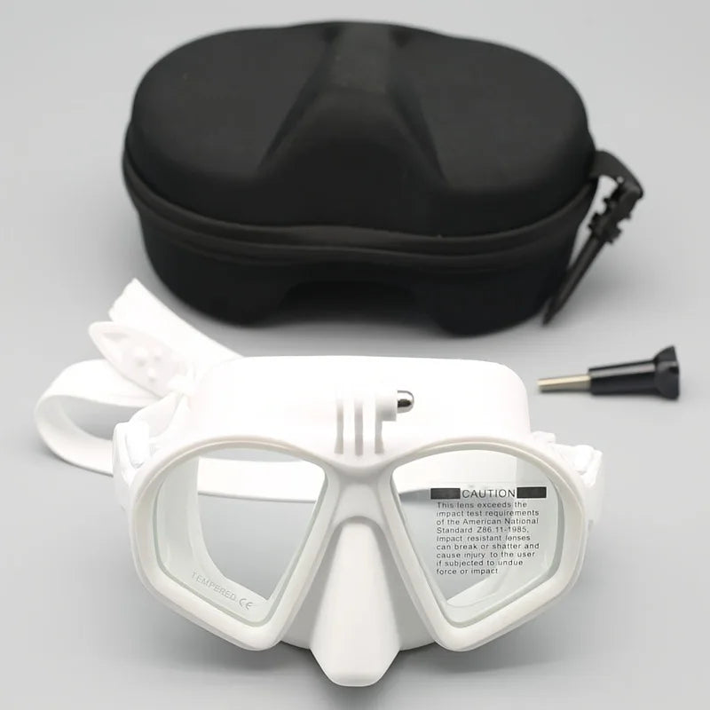 Professional Wet Low Volume Freediving Mask, Tempered Glass dive Mask, J-Type Diving Mask, Snorkel Set, With Go-Pro Camera Mount