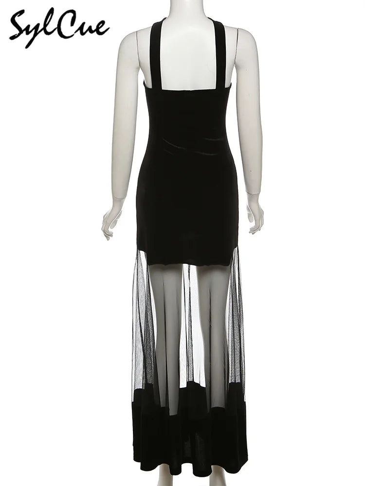 Sylcue Winter Party Black Mysterious Sexy Mature Beautiful Elegant Graceful Sweet Gentle Women'S Halter Tulle Stitching Dress