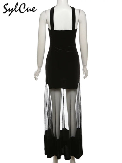 Sylcue Winter Party Black Mysterious Sexy Mature Beautiful Elegant Graceful Sweet Gentle Women'S Halter Tulle Stitching Dress