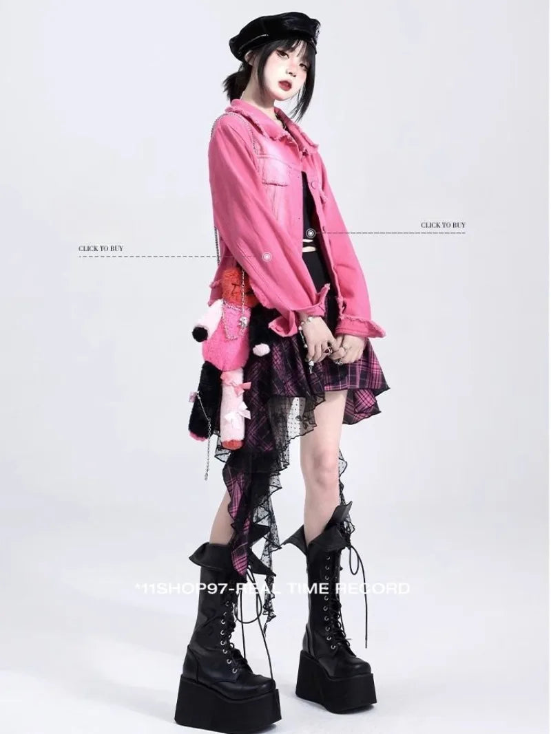 Y2K Skirts for Women Japanese Sweet Harajuku Mujer Faldas Punk Irregular Aesthetic Skirt Gauze Patch Plaid Vintage Faldas