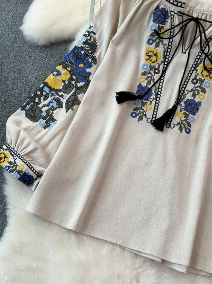2026 Spring Retro Embroidered Shirt Top Female Lace Up Tassel Loose Lantern Sleeves Ethnic Style Blouse Female A70