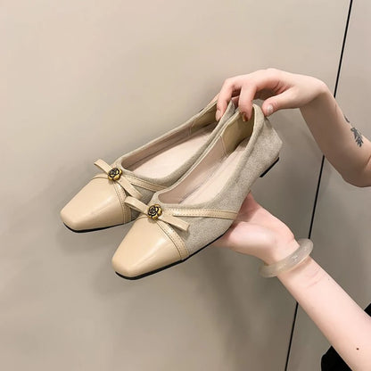 Women's Dance Shoes, Lightweight Breathable Square Toe Bow Flats, PU Leather Office Dress Shoes for Banquet, Date & Party