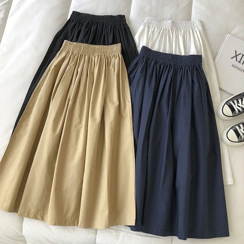 2025 New Casual Elegant High Waist A Line Skirts Women Solid Color Long Skirt Fashion Pockets Pleated Knee Length Skirts Autumn