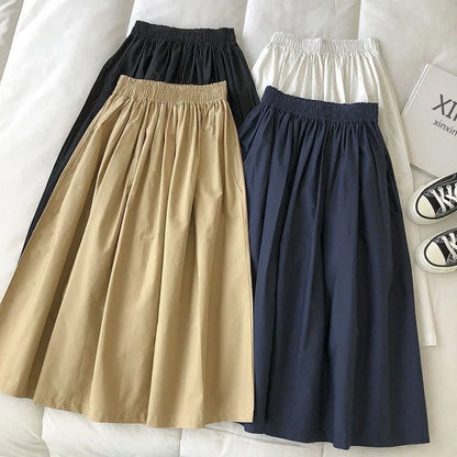 2025 New Casual Elegant High Waist A Line Skirts Women Solid Color Long Skirt Fashion Pockets Pleated Knee Length Skirts Autumn