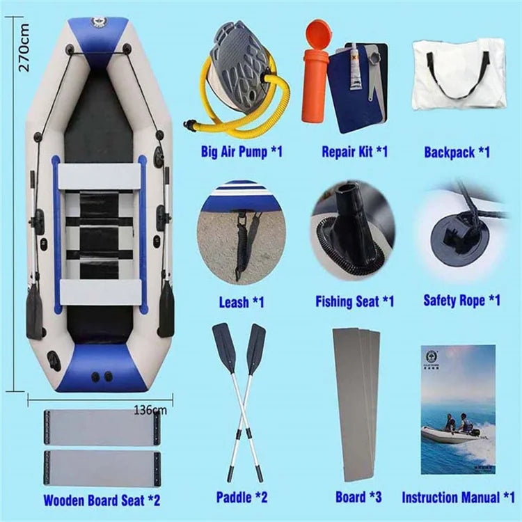 2.7m Wood Floor PVC Inflatable Fishing Kayak 0.9 mm Thick Leisure Rowing Rubber Pontoon Boat Solar Kayak