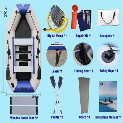 2.7m Wood Floor PVC Inflatable Fishing Kayak 0.9 mm Thick Leisure Rowing Rubber Pontoon Boat Solar Kayak