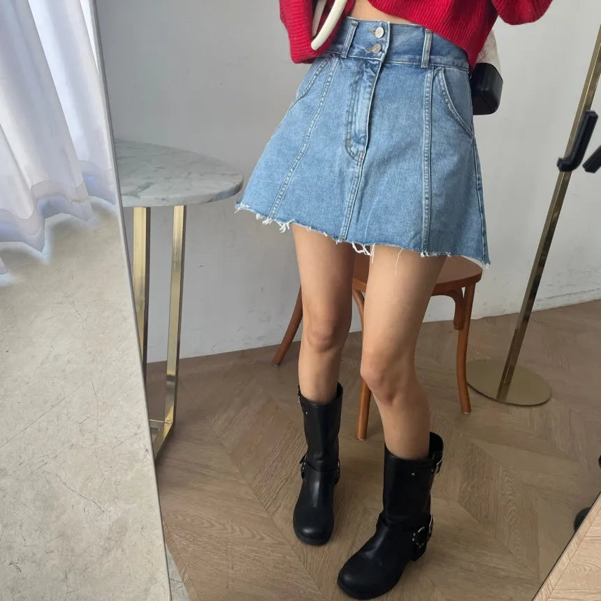 Chic High Waist A-Line  Skirt Women's Jeans ort Skirt Spring Vintage Slimming Splicing Hemming Girl's Faion Commute