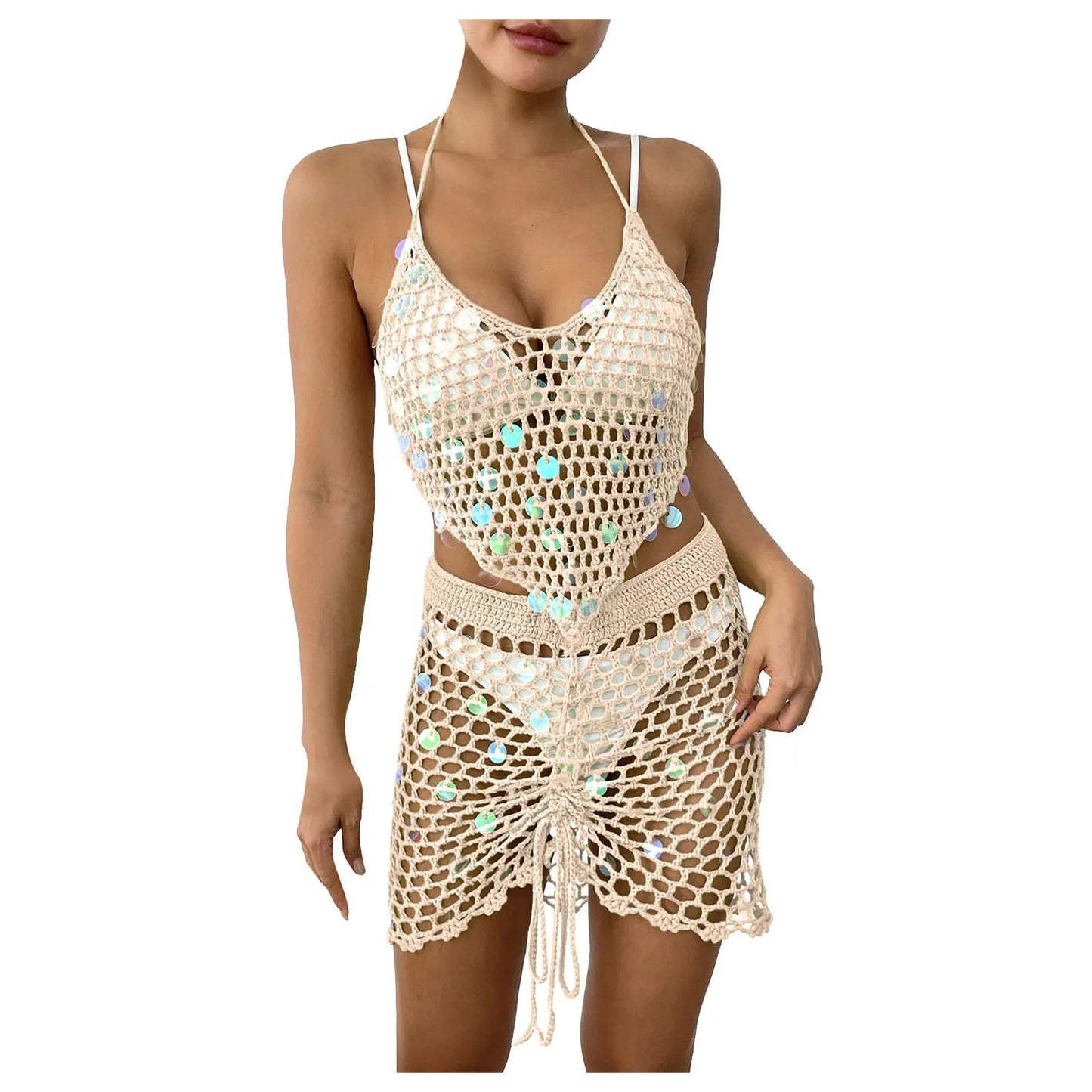 Hollow Out Crochet Bikini Two-Piece Cover Up Shirt Womens' Swimwear Set Sequin Splicing Vacation Beach Set Summer Swimsuits