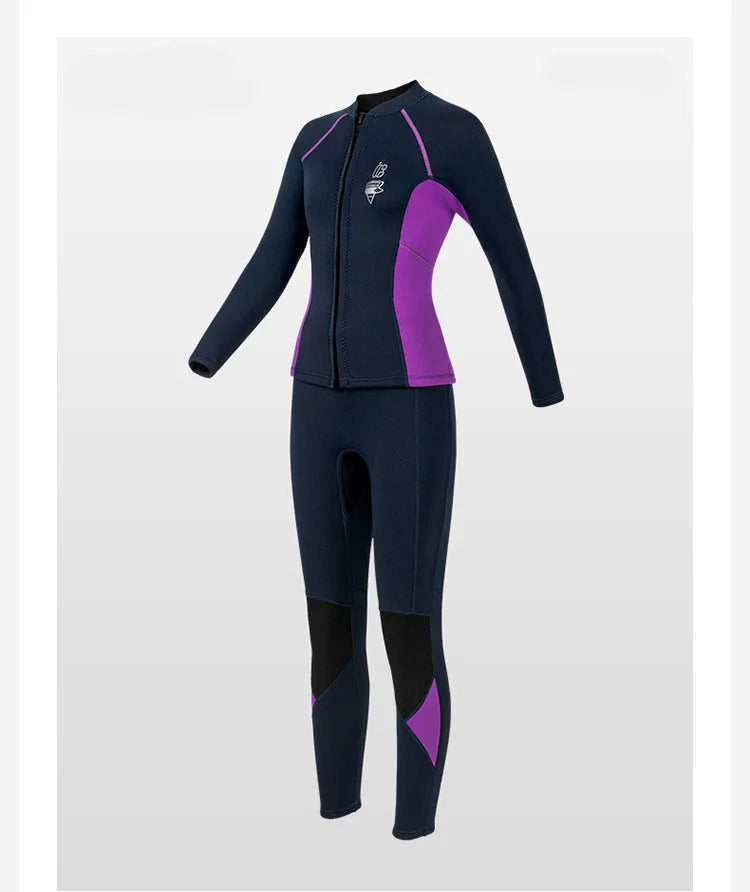 Women's 3mm Two-Piece Diving Suit Long Sleeve Coldproof Wetsuit Top Pants for Snorkeling Surfing Swimming